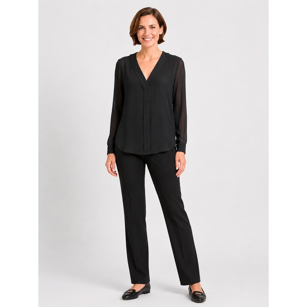 Ann Taylor Factory Black Sheer Sleeve Faux Button V-Neck Blouse Med NWT